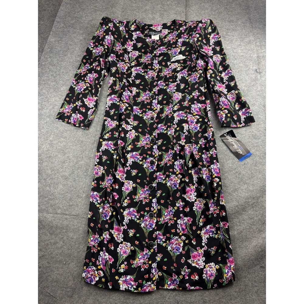 VTG 90s Women's 13/14 Button Front Floral Midi Dress Shoulder Pads Career Preppy